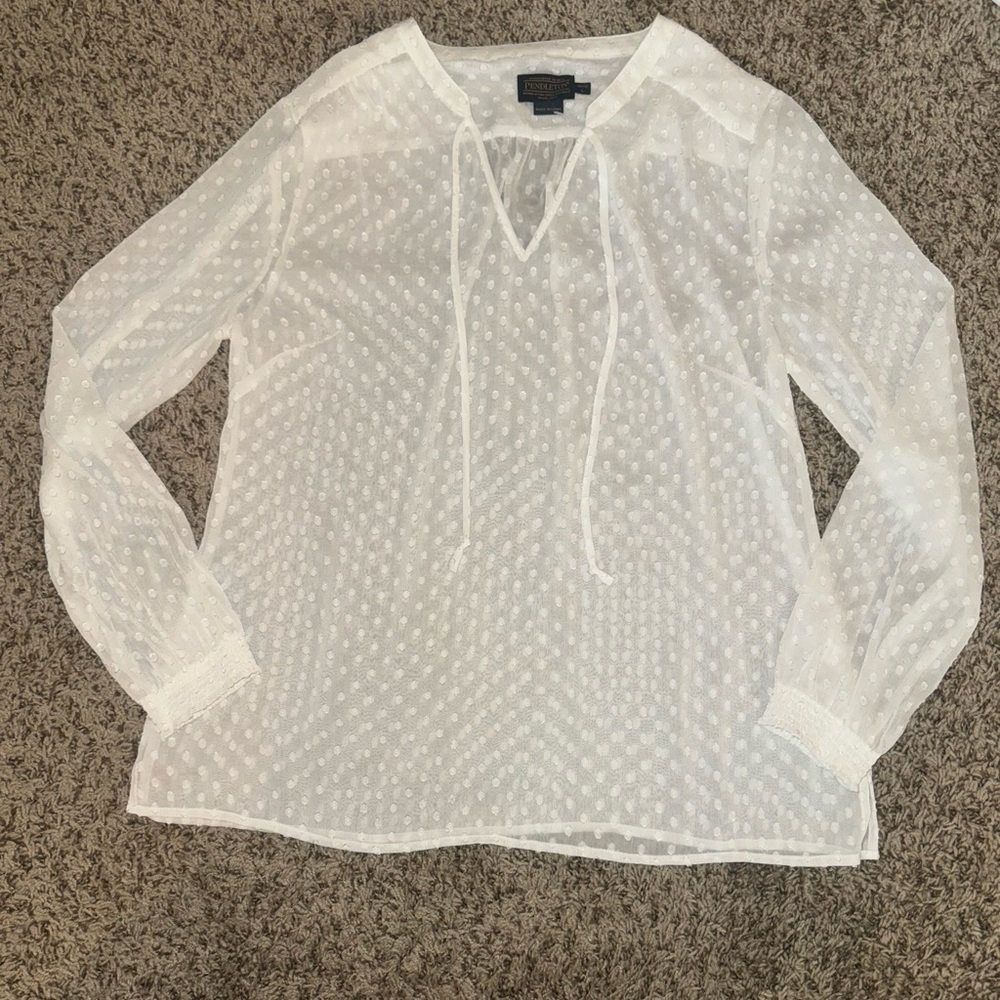 Pendleton White Sheer V-Neck w/ Ties Long-Sleeve Blouse Dot Pattern Petite Large